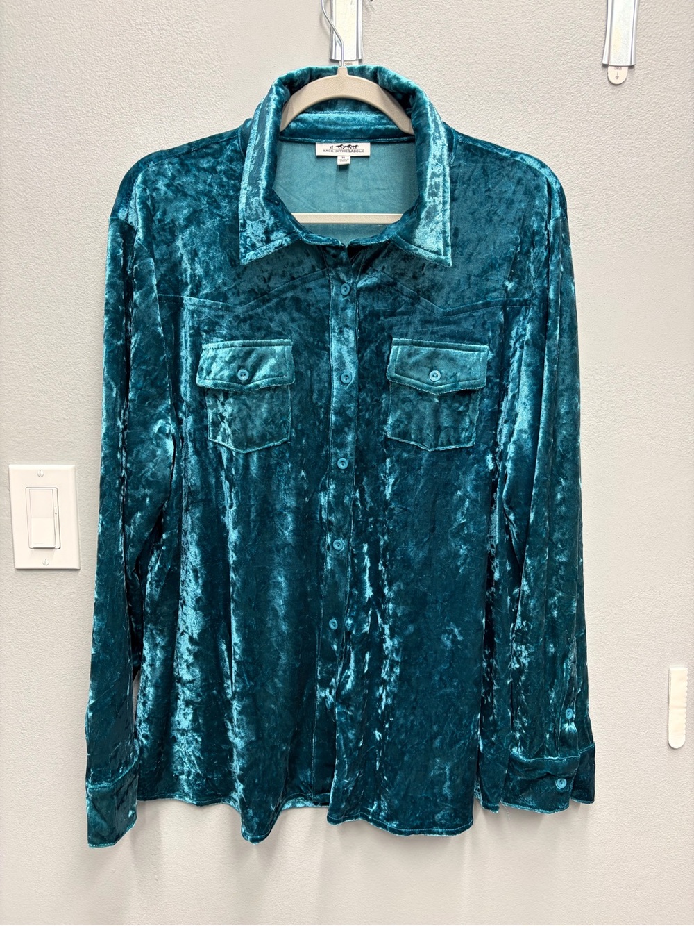 Back in the Saddle Teal crushed Velvet western button down blouse XL